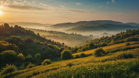 Beautiful landscape in the mountains at sunrise. Carpathians, Ukraineの写真素材