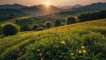 Sunset in the Carpathian Mountains, Ukraine. Beautiful summer landscape.の写真素材