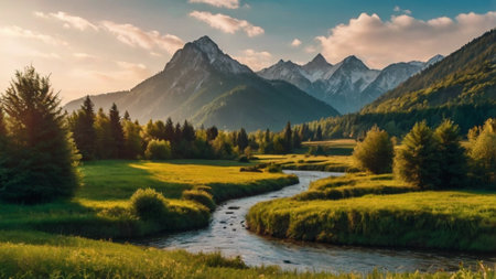 Landscape of alpine meadow with river and mountains in backgroundの写真素材