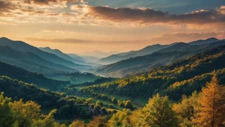 Sunset in the mountains. Beautiful landscape in the Ukrainian Carpathians.の写真素材