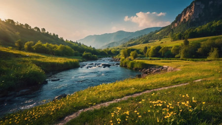 Beautiful summer landscape with a mountain river in the Carpathiansの写真素材