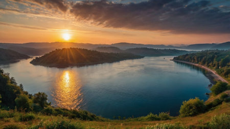 Panoramic view of the Danube river at sunset, Romaniaの写真素材