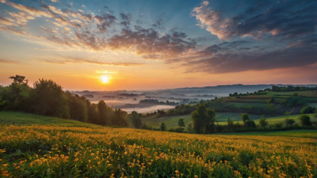 panoramic view of foggy meadow at sunrise in summerの写真素材