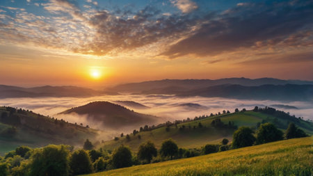 Majestic sunrise in the mountains landscape. Carpathian, Ukraine, Europe. Beauty world.の写真素材