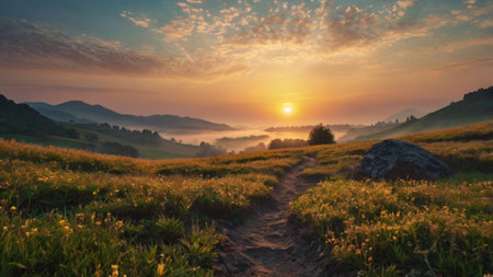 Beautiful sunset in the mountains. Landscape with yellow flowers.の写真素材