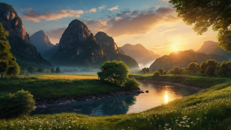 Beautiful summer landscape. Mountain river and meadow at sunrise.の写真素材