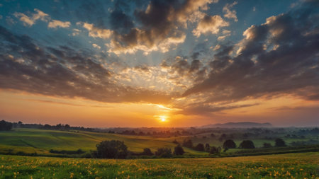 Sunset over the meadow with yellow flowers and trees in the backgroundの写真素材