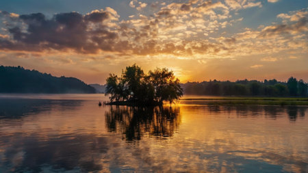 Sunset on the lake with trees reflected in the water and cloudsの写真素材