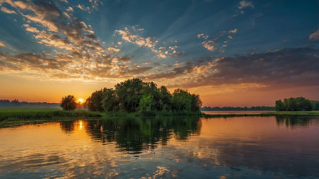 Beautiful sunset over the river. Summer landscape with a beautiful sky.の写真素材