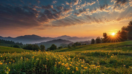Sunset over meadow with sunflowers and mountains in backgroundの写真素材