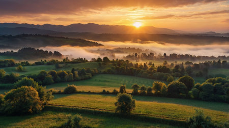 Aerial panoramic view of foggy summer morning in the mountains. Beautiful nature scenery.の写真素材