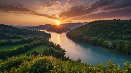 Panoramic view of a beautiful sunset over the Danube river.の写真素材