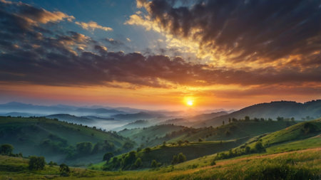 Sunrise in the mountains. Beautiful summer landscape. Carpathians, Ukraine, Europe.の写真素材