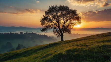 Lonely tree on the hillside at sunrise. Beautiful landscape.の写真素材