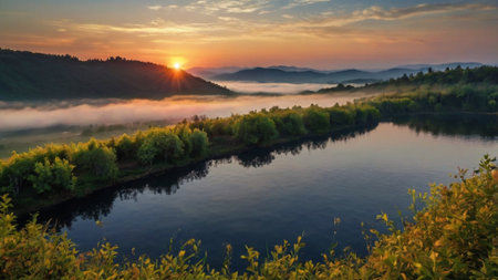 Foggy morning on the river. Beautiful summer landscape. Ukraine, Europe.の写真素材