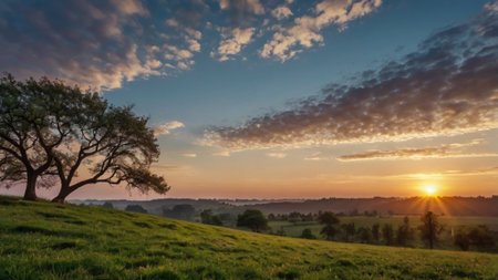 Sunset over fields and trees in the yorkshire wolds.の写真素材