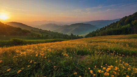 Sunset in the mountains. Beautiful summer landscape. Carpathians, Ukraine, Europe.の写真素材