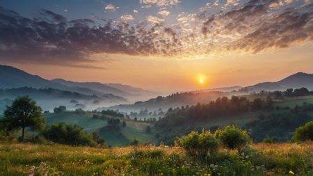 Sunrise in the mountains. Summer landscape. Carpathians, Ukraine, Europe.の写真素材