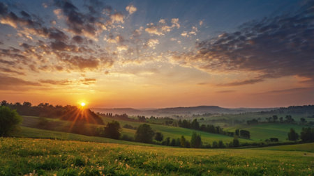 Sunset in the mountains. Beautiful summer landscape with meadow and cloudsの写真素材