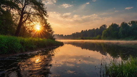 Sunset over the river. Beautiful summer landscape with river and treesの写真素材