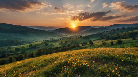 Sunset in the Carpathian mountains. Beautiful summer landscape.の写真素材