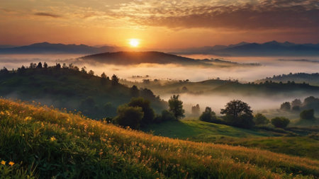 Majestic sunrise in the mountains landscape. Carpathian, Ukraine, Europe. Beauty world.の写真素材