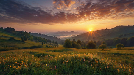 Majestic sunset in the mountains landscape. Dramatic sky. Carpathian, Ukraine, Europe. Beauty world.の写真素材