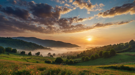 Sunrise in the Carpathian mountains. Beautiful summer landscape.の写真素材