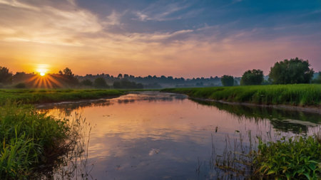 Sunset over a small river in the countryside. Landscape.の写真素材