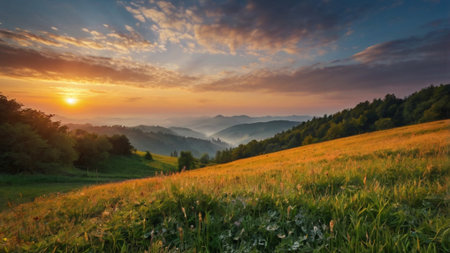 Sunset in the mountains landscape. Carpathian, Ukraine, Europe.の写真素材