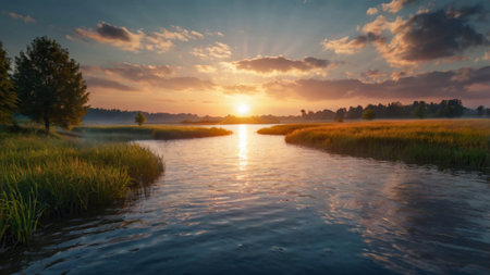 Sunset over the river. Beautiful summer landscape. Panorama.の写真素材