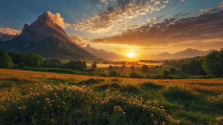 Panoramic view of the mountains at sunset. Beautiful summer landscape.の写真素材