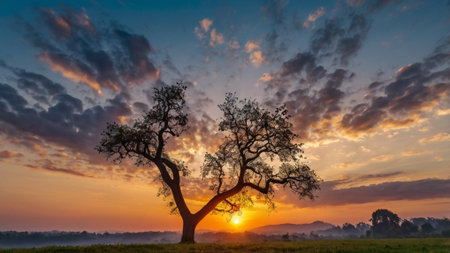 Sunset in the countryside with two oak trees on the meadowの写真素材