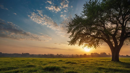 Sunset over a meadow with a big tree in the foregroundの写真素材