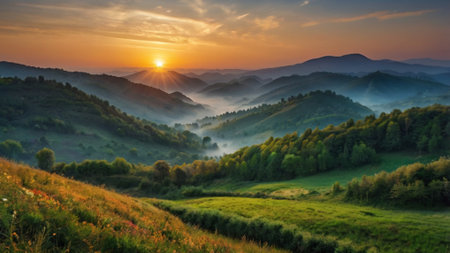 Beautiful sunset in the mountains landscape. Carpathian, Ukraineの写真素材