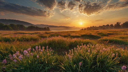 Sunset over the meadow with blooming flowers. Beautiful summer landscape.の写真素材