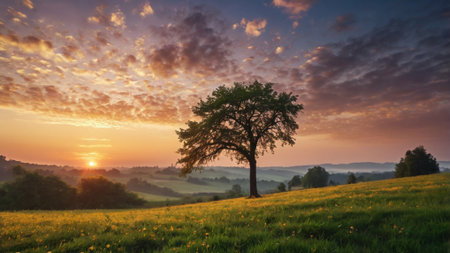 Lonely tree on a meadow at sunset. Beautiful summer landscape.の写真素材