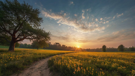 Sunset over a field with yellow flowers and a big tree.の写真素材