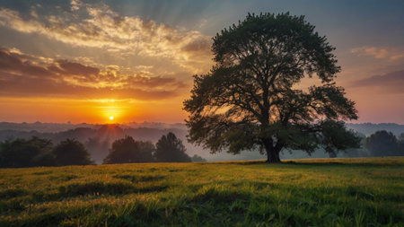 Lonely tree in the meadow at sunrise. Beautiful summer landscape.の写真素材
