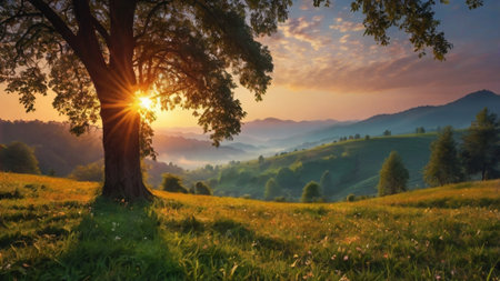 Beautiful sunset in the mountains. Panoramic view of the meadow and the treeの写真素材