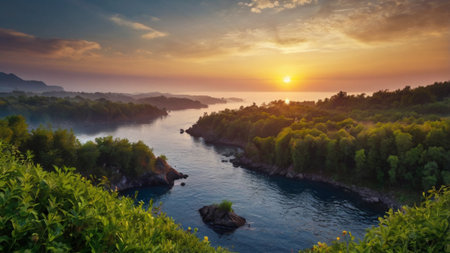 Sunset over the river. Panorama of the river coast.の写真素材
