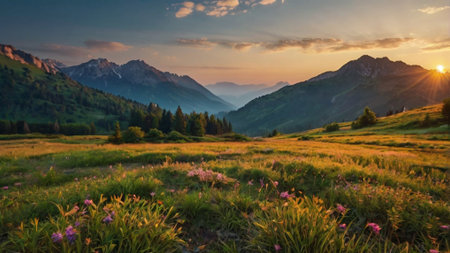 Panoramic view of the alpine meadow at sunset. Landscape with alpine meadow and flowers.の写真素材