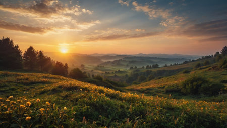 Sunrise in the mountains. Beautiful summer landscape with sunrise in the mountains.