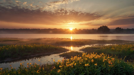 Foggy sunrise over the lake. Beautiful summer landscape in the morning.の写真素材