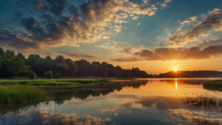 Sunset over the lake. Beautiful summer landscape.の写真素材
