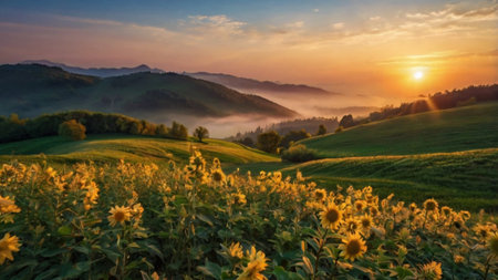 Sunflower field in the Carpathian mountains at sunset. Ukraineの写真素材