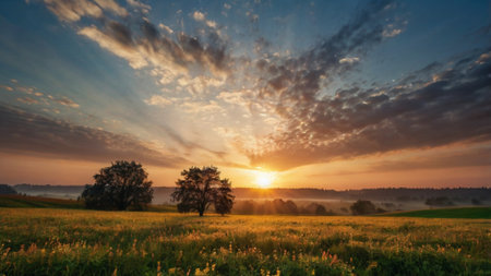 Sunset over a meadow with trees in the foreground and clouds in the skyの写真素材