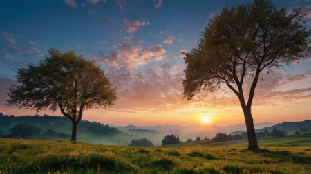 Beautiful sunrise over the meadow in the countryside of Bavariaの写真素材