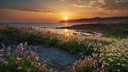 Beautiful sunset over the sea with pink flowers and mountains in the backgroundの写真素材