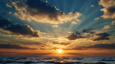 Beautiful sunset on the sea. Sunset over the sea. The sun's rays make their way through the clouds.の写真素材